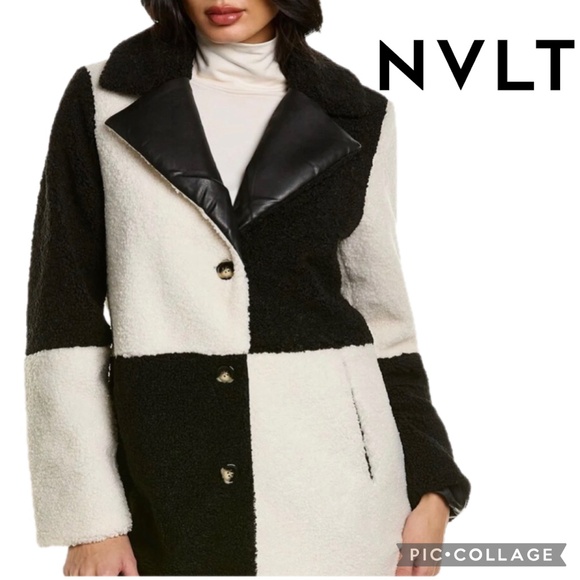 NVLT Colorblock Sherpa Coat Boucle Patchwork with Faux Leather Lapel Size M - Picture 1 of 14